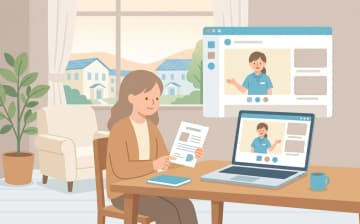 遠方の親の老人ホームを探す方法｜現地に行かずに比較する手順と確認ポイントを表すイラスト