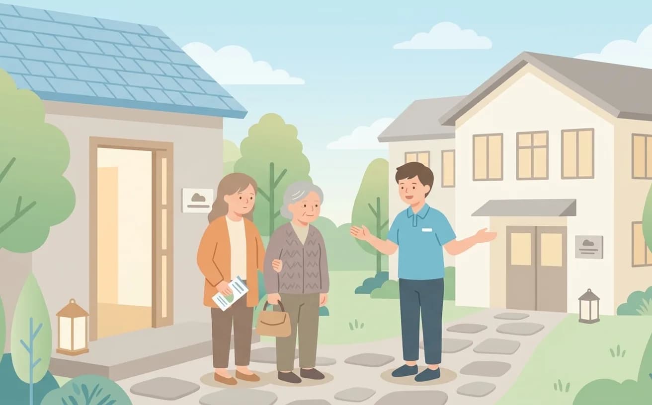 グループホームと有料老人ホームの違い｜認知症の家族の施設選びで確認することを表すイラスト