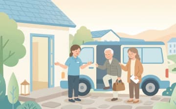 人工透析に通いやすい老人ホームの探し方｜送迎・付き添いと医療体制の確認ポイントを表すイラスト