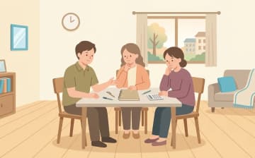 兄弟姉妹で介護費用を分担するときの考え方｜扶養義務・話し合い・公的制度を表すイラスト