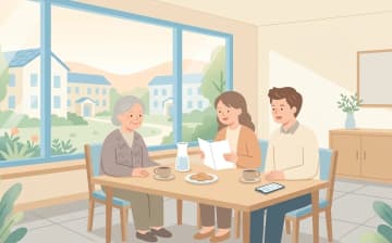 面会しやすい老人ホームの選び方｜立地と面会ルールの確認ポイントを表すイラスト