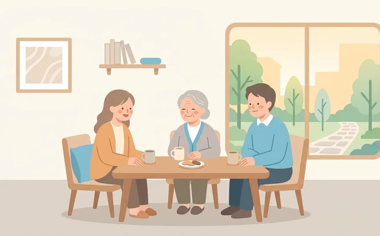 施設入居後に家族が確認したいこと｜ケアプランの見直しと相談の順番を表すイラスト