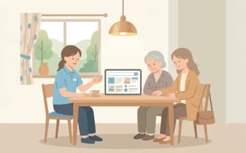 介護しせつさーちの使い方｜検索から相談までの流れを表すイラスト