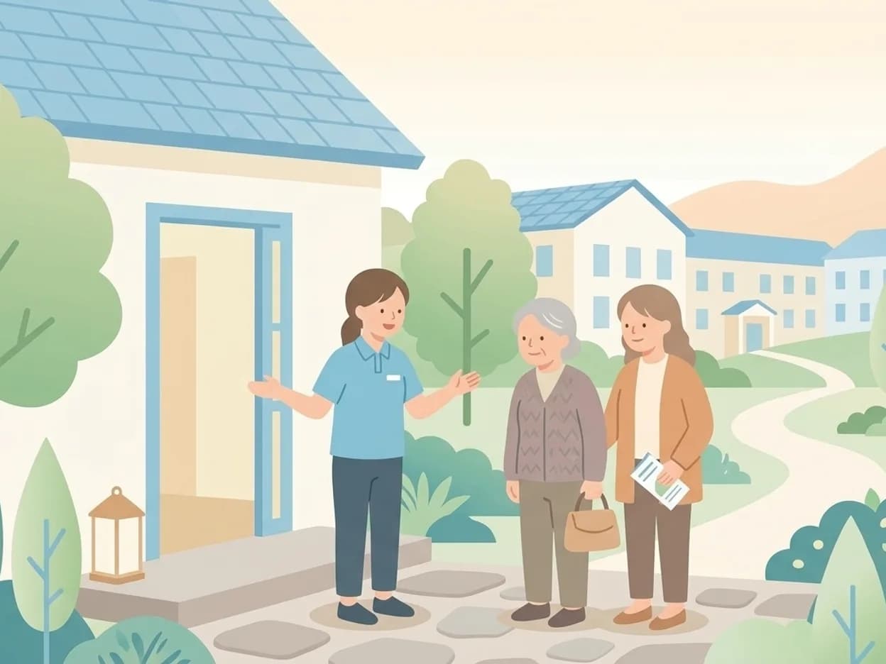 老人ホームのラウンジで、家族がスタッフと一緒にパンフレットを見ながら施設を確認しているイラスト
