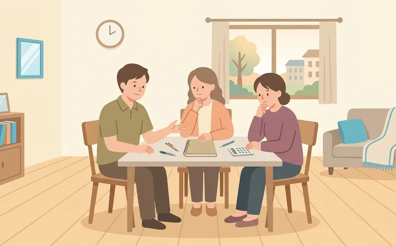 兄弟姉妹で介護費用を分担するときの考え方|扶養義務・話し合い・公的制度を表すイラスト