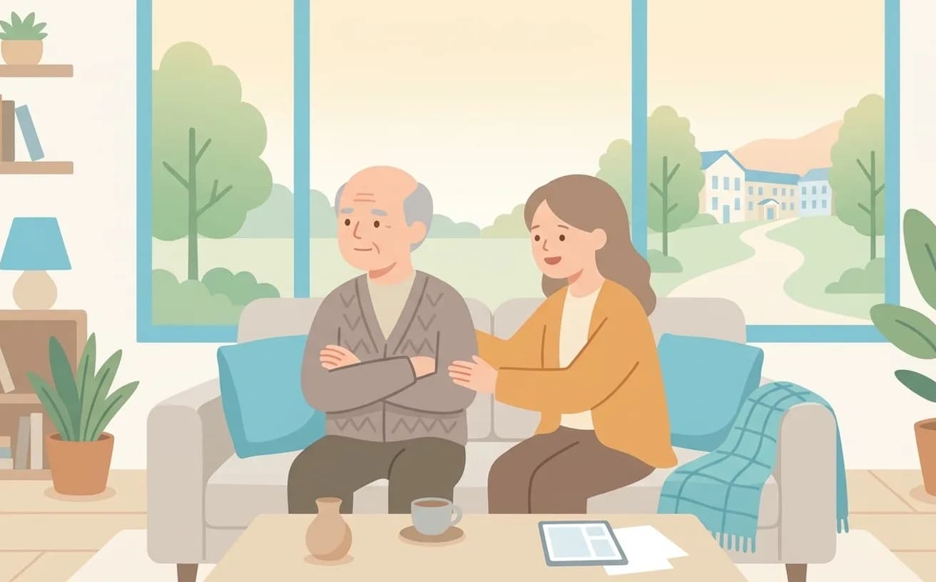 親が老人ホームを嫌がるときの話し方と頼れる相談先を表すイラスト