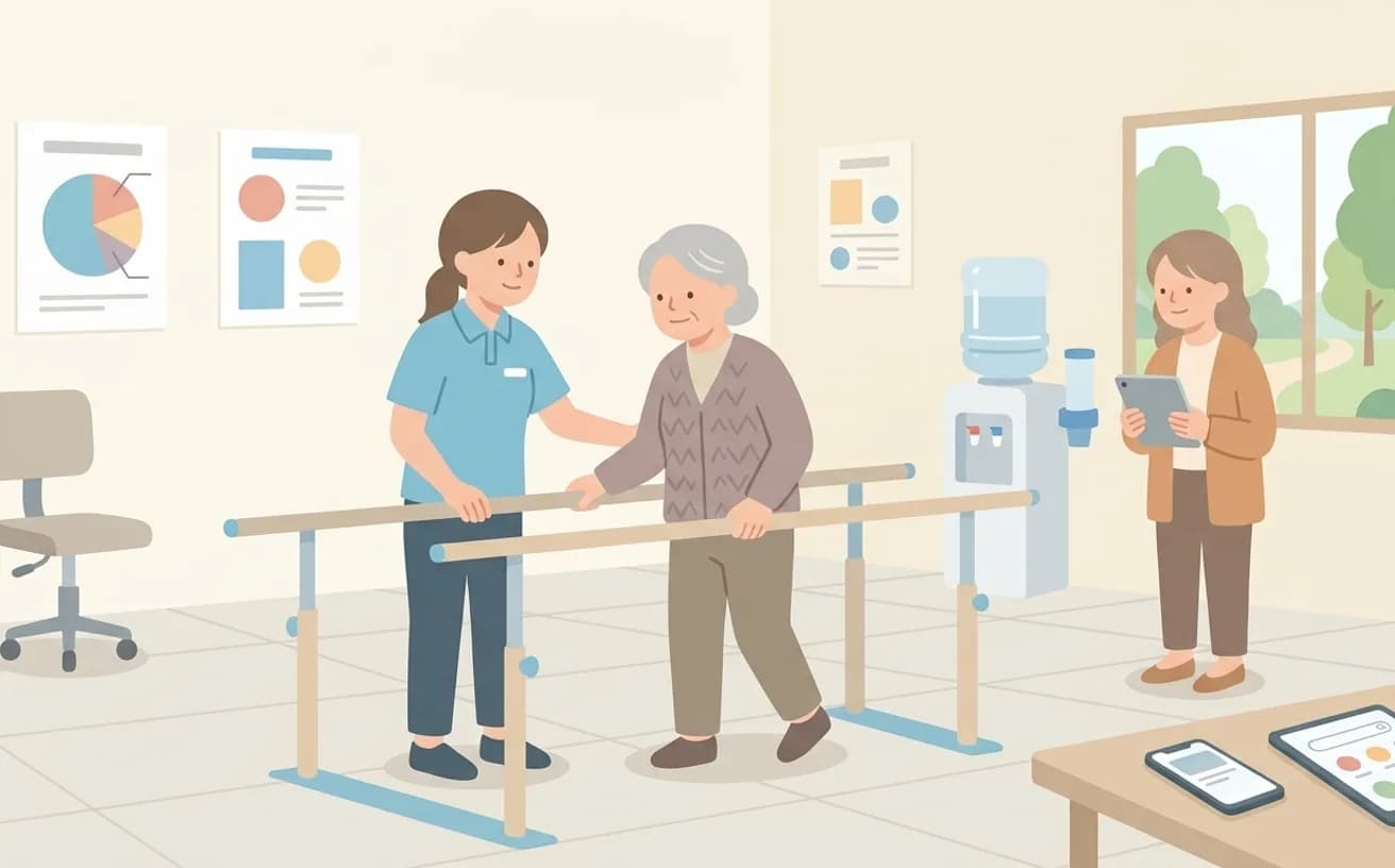 リハビリできる老人ホームの選び方|種別・専門職・確認ポイントを表すイラスト